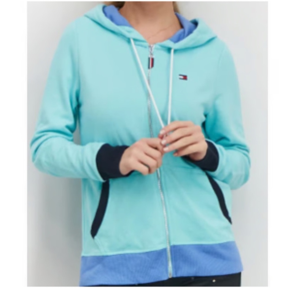 Tommy Hilfiger Aqua Mint Green Flag Logo Hoodie Sweatshirt Sz XL